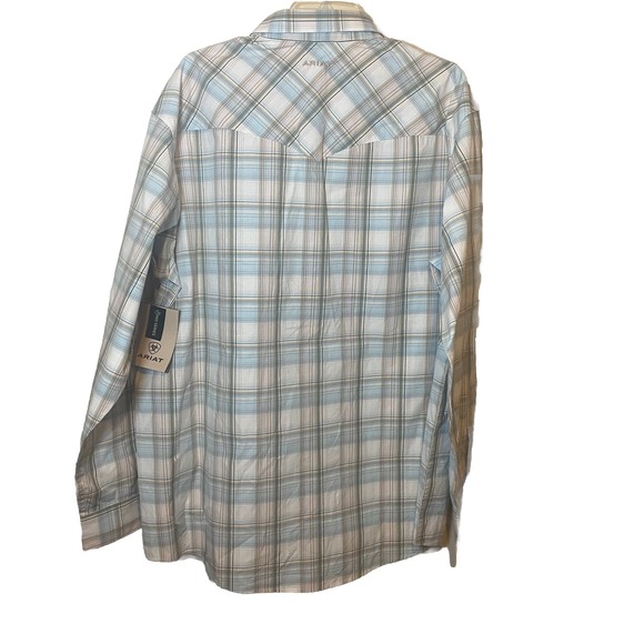 NWT Ariat Shirt Tan Blue Plaid Pearl Snap Button Up Western Pro Fit Mens XL - Picture 3 of 11